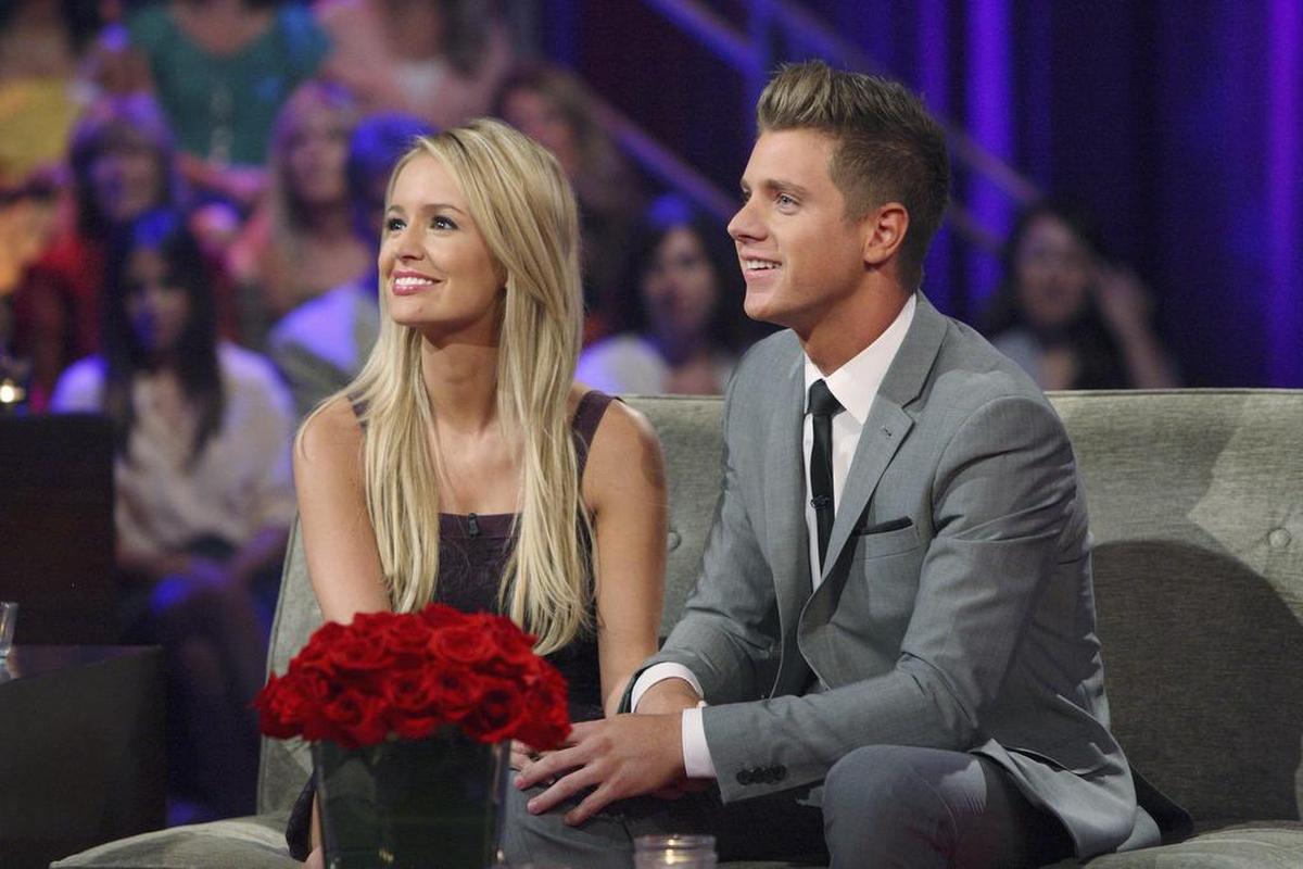 This July 2012 photo released by ABC shows Emily Maynard, left, and Jef Holm on “The Bachelorette: After the Final Rose,” during a live broadcast in Hollywood. Maynard chose Holm over Arie Luyendyk Jr.
