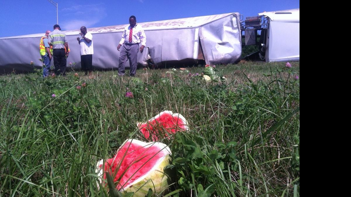 
A tractor-trailer carrying watermelons overturned on the Interstate 85 northbound ramp that leads onto I-77 north in Charlotte Wednesday morning. The ramp could remain closed until at least noon, state highway officials said.
