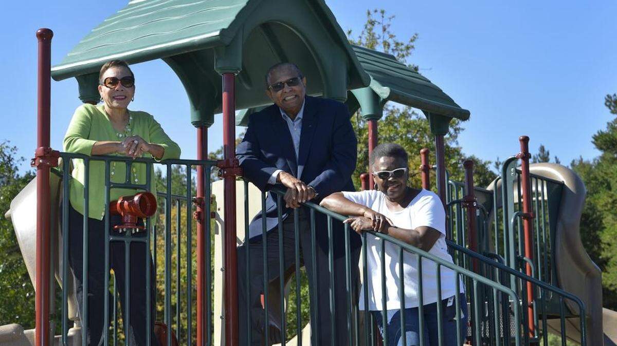 
Maxine Eaves, Janie Sumpter and Nasif Majeed at Eastway Park, off Eastway Drive and The Plaza. Residents are upset about delays at adding amenities to Eastway Park, which has been unfinished since its 2009 debut. The park has a single jungle gym, soccer field and volleyball net. Plans called for it to be a regional sportsplex with a tennis court, basketball court, recreation center and spray-ground. None of that is there.
