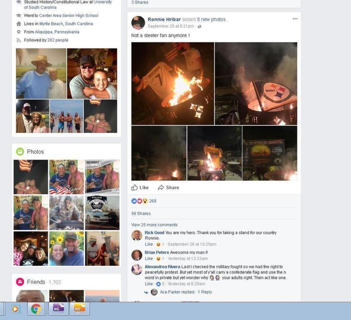 The owner of a Myrtle Beach bar burned his Pittsburgh Steelers memorabilia to protest NFL players kneeling during the national anthem.