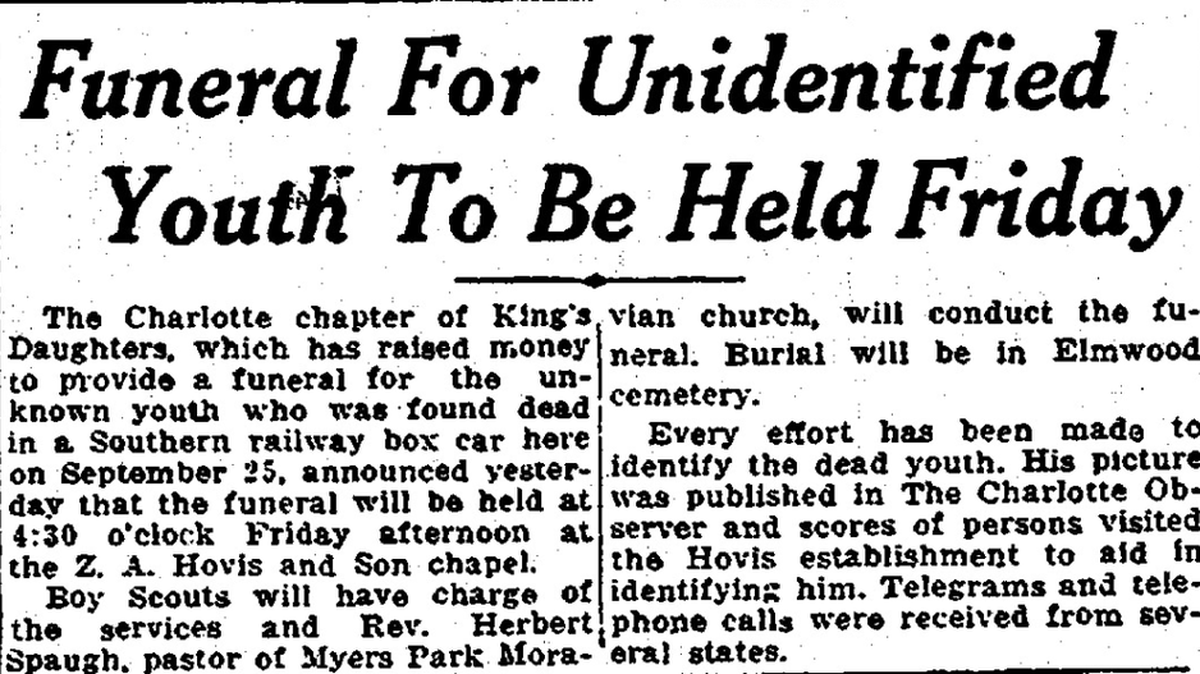 From The Charlotte Observer of Oct. 6, 1932. Despite publicity, the identity of The Unknown Boy was never determined.