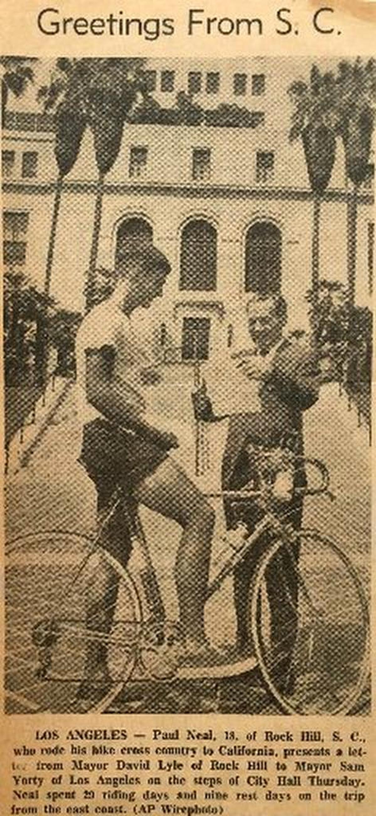 As a teenager in 1967, Paul Neal presented a letter from the Rock Hill mayor to his Los Angeles counterpart, Sam Yorty. Neal,who finishes his second cross-country bike ride on Monday, hopes to present a similar letter to Mayor Eric Garcetti before he returns to Rock Hill.