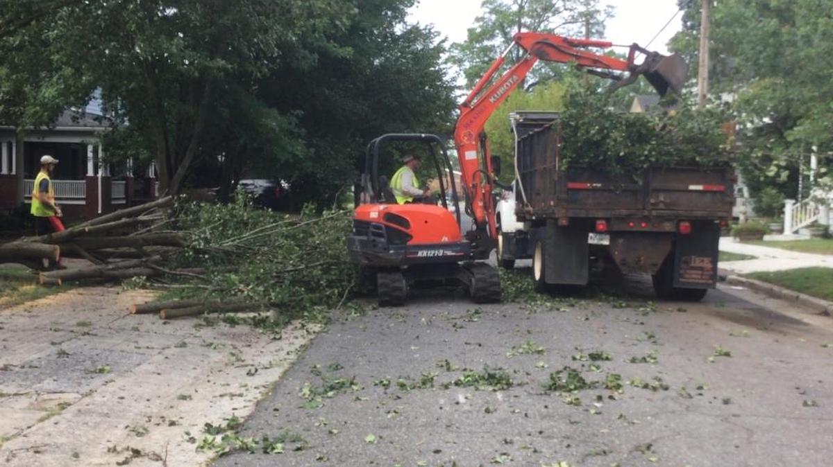Crews clear downed limbs Monday from a property on Reid Street near downtown Rock Hill, a day after heavy rain and wind downed trees, damaged houses and caused scattered power outages in the area.