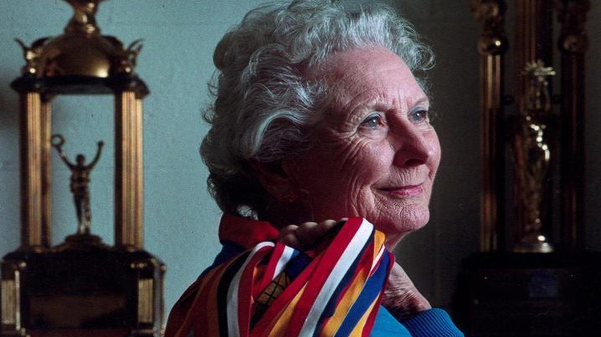 
Margaret Hagerty, in front of some of her many trophies. The Concord woman was recognized by Guinness as being the oldest person to complete a marathon on all seven continents. Hagerty died Aug. 1 at age 92.

