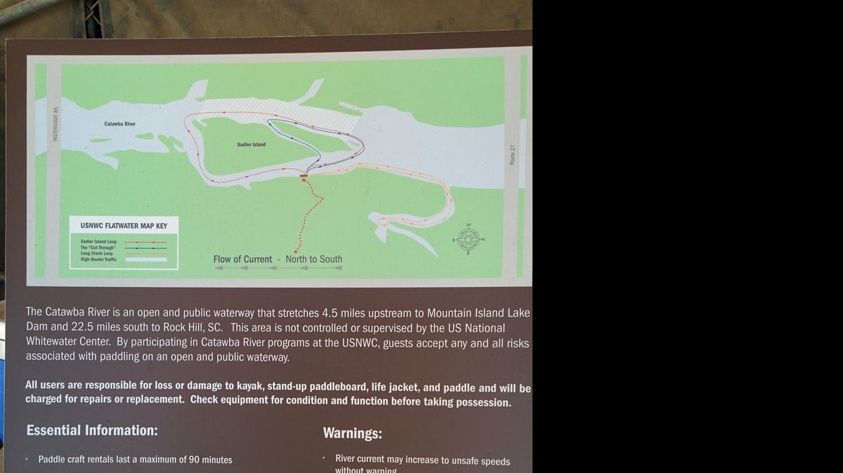 
The Whitewater Center has a bulletin board with safety information for guests to accompany an instructional briefing before they can kayak or paddle board on the Catawba River.
