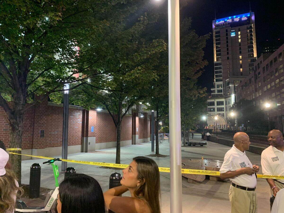 Police tape blocks off a transit stop near the Spectrum Center Tuesday before a Karol G concert. A bomb-sniffing dog alerted during a routine check, causing an evacuation of the nearby Charlotte Transportation Center. No bomb was found.