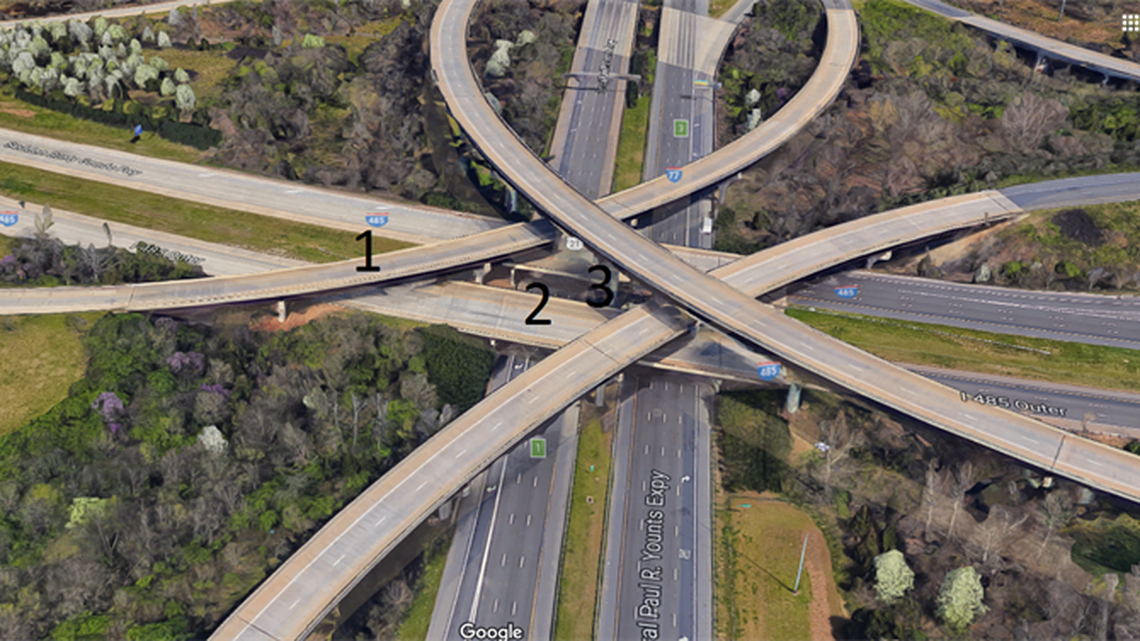 The Interstate 485-77 interchange.