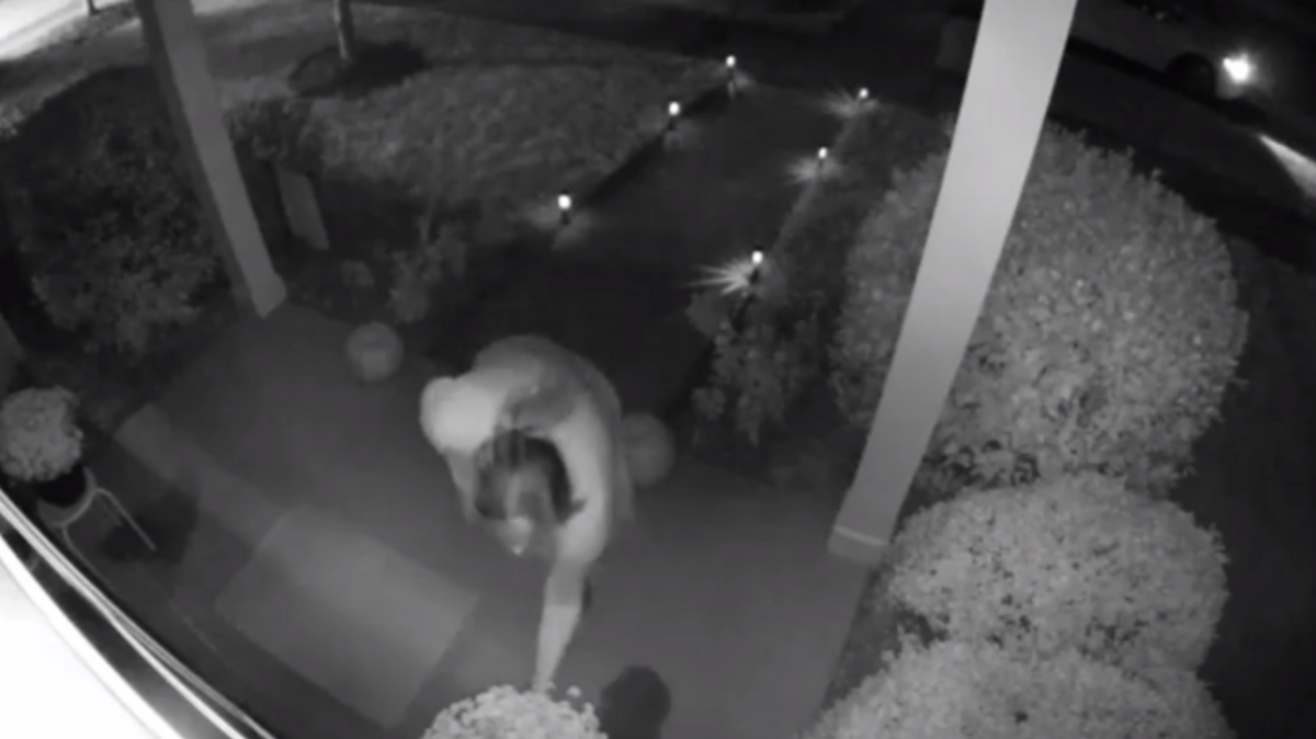 The flower pot thief plucks her choice off the porch of a home in Cornelius.