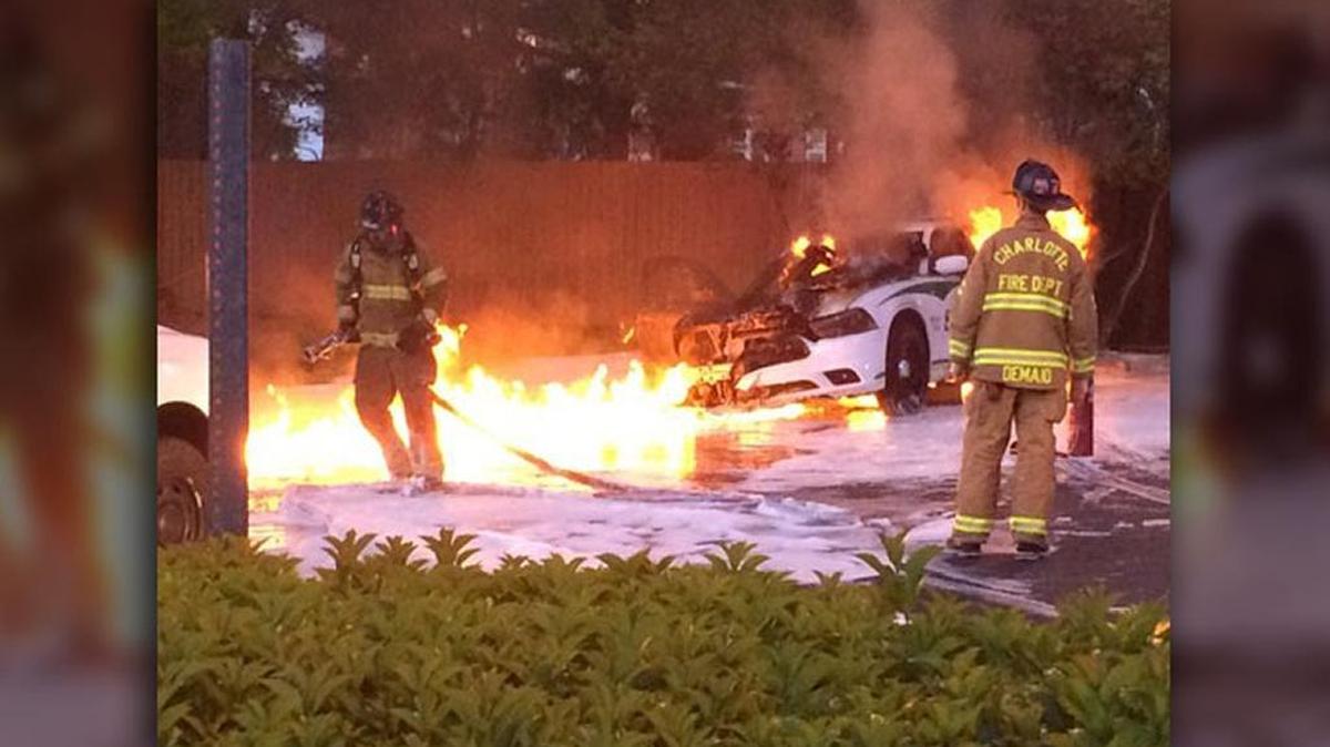 The Mecklenburg County sheriff’s deputy cruiser caught fire in Charlotte's Elizabeth-area early Monday morning.
