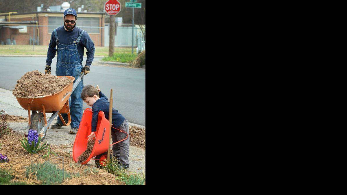 
Wyatt, 2, and dad Colin Hickey spread mulch in their front yard in NoDa on Sunday, March 22, 2015. “It’s been a long winter; it’s nice to have the weather break,” Colin Hickey said.
