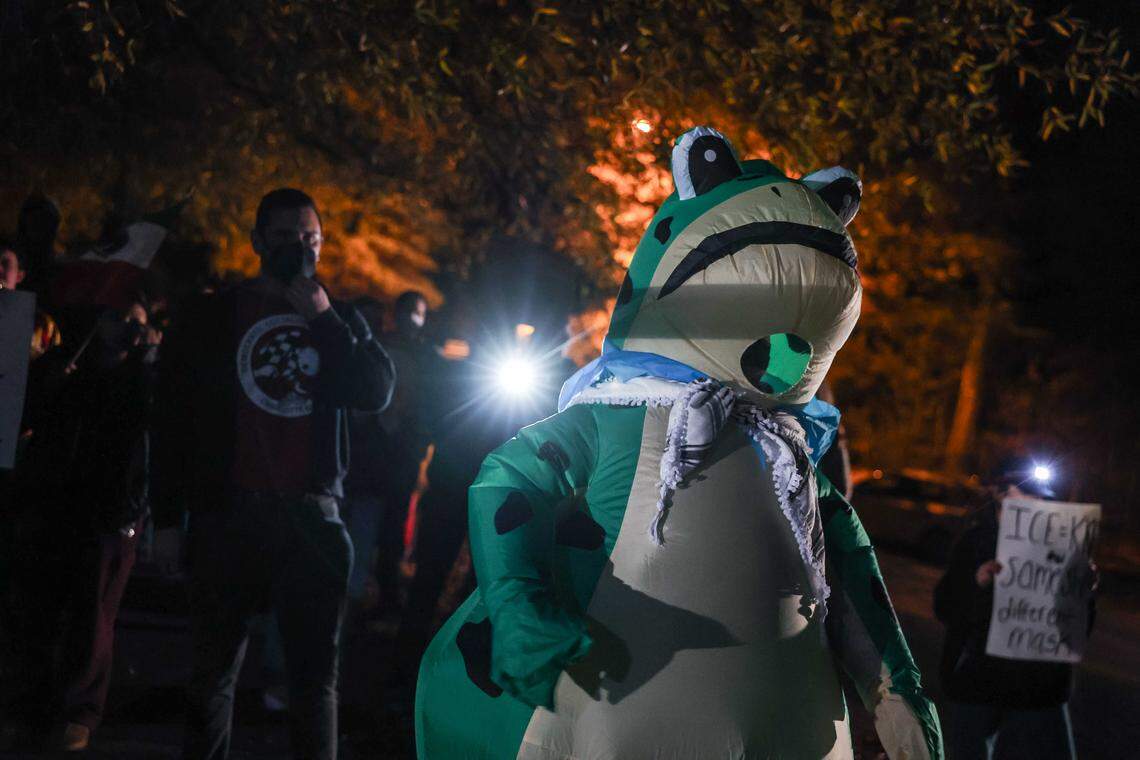 A protester, Bradley W., wears a frog costume during a protest against the presence of Border patrol outside the Department of Homeland Security/ICE headquarters on Tyvola Center Drive in Charlotte on Sunday, November 16, 2025.
