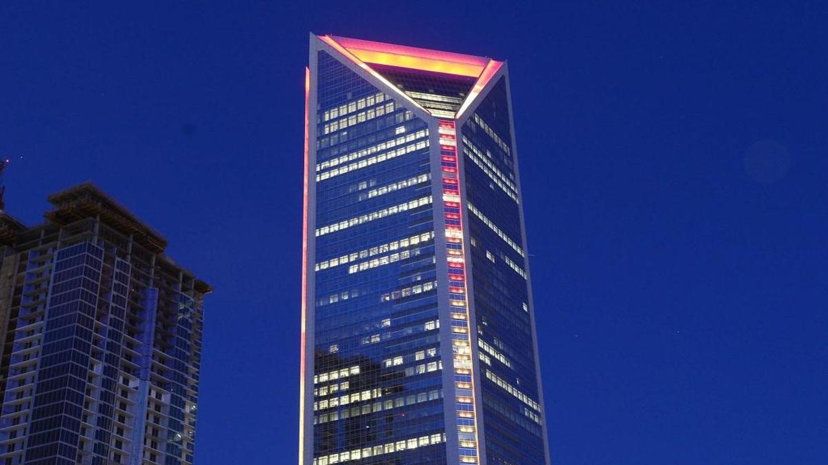 Duke Energy Center flashes its lights every hour on the hour on Tuesday May 03, 2016.