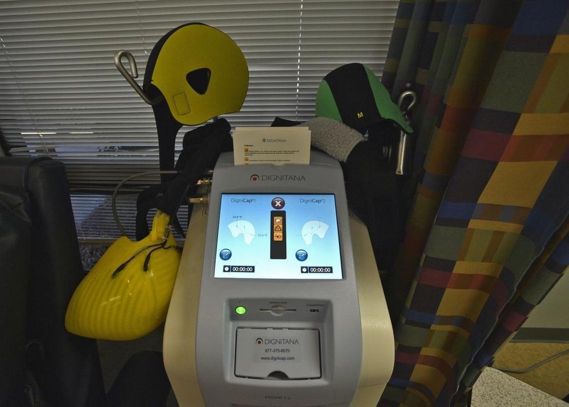 The Dignicap scalp cooling system, which is used to cool the scalp and prevent hair loss during chemotherapy treatment for breast cancer.