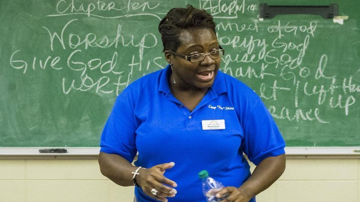 
Rhonda Kinsey, co-pastor of Briar Creek Road Baptist Church, teaches a Bible study class at the church on July 15, 2015.

