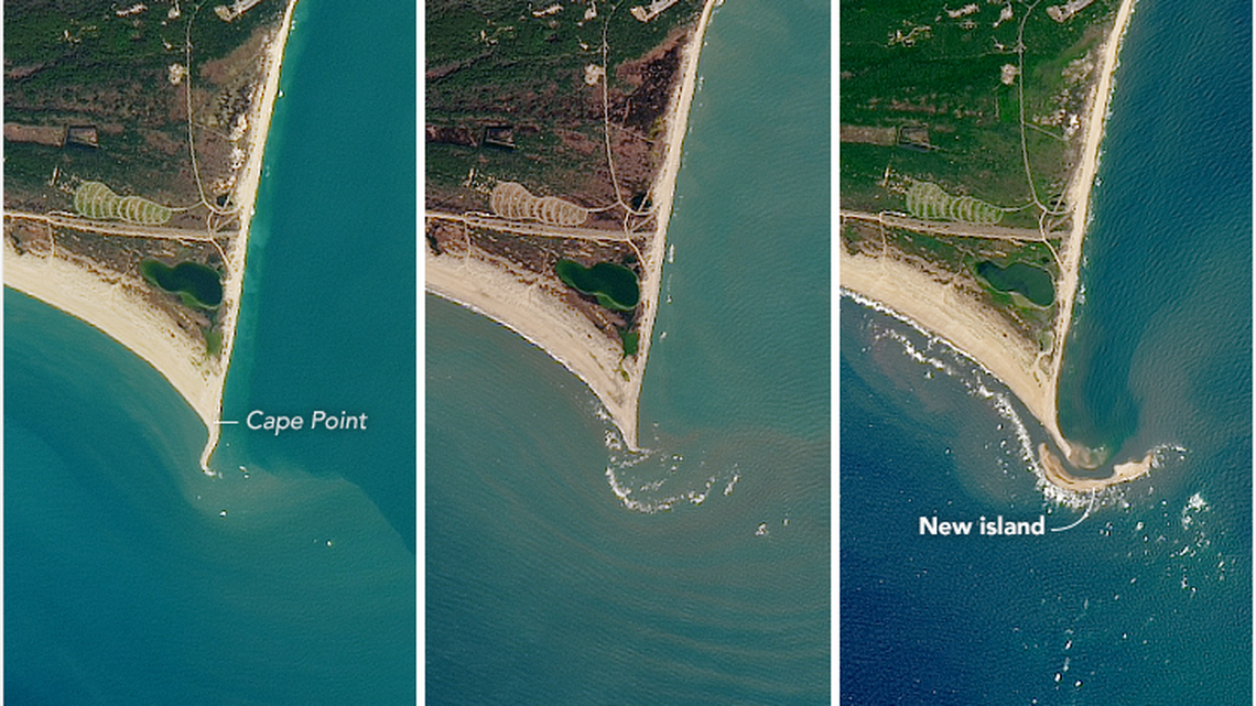 Satellite images reveal a new barrier island forming off the coast of Cape Hatteras National Seashore in North Carolina.