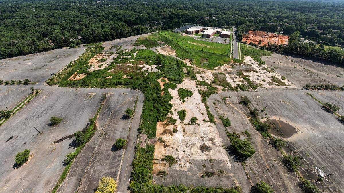 An aerial composite image of a leveled lot where the Eastland Mall once stood in Charlotte, N.C., Monday, July 25, 2022.