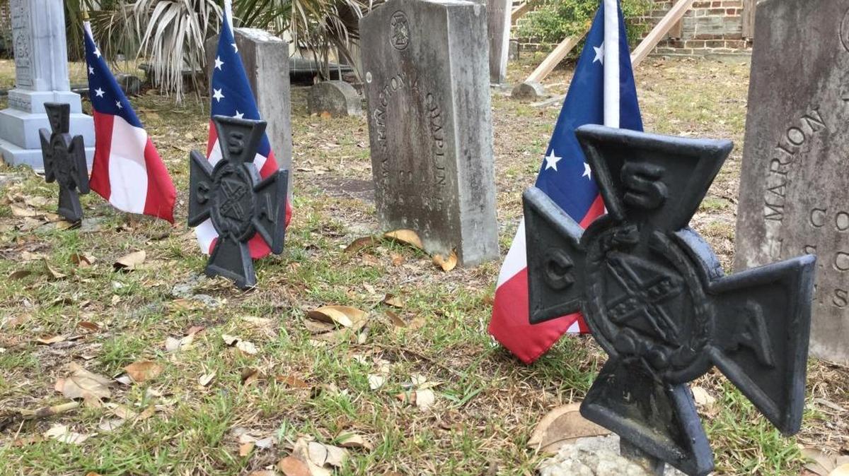 Iron grave markers, called the Southern Cross of Honor, recognize Confederate veterans in Parish Church of St. Helena cemetery in downtown Beaufort. Similar markers recently were reported stolen from Old Sheldon Church graves in Yemassee.