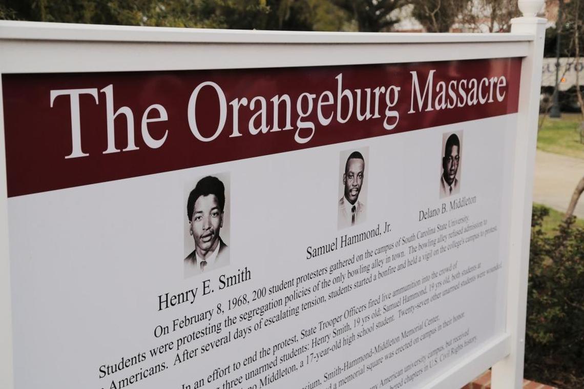A sign at S.C. State University honors victims of the Orangeburg Massacre.