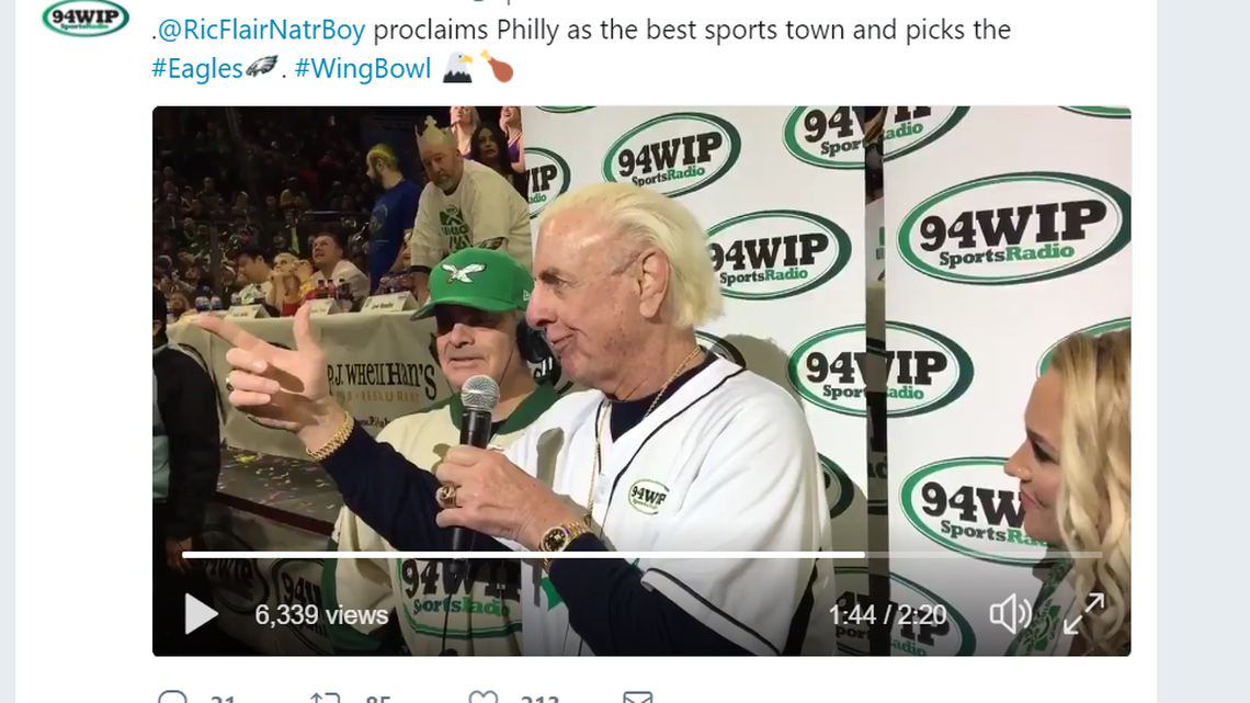 Ric Flair announces his pick for the Super Bowl in front of an adoring crowd on Friday