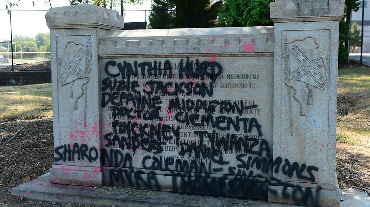 
A Confederate monument in Charlotte was vandalized for the second time in three weeks. The Confederate monument on North Kings Drive, between the Grady Cole Center and Memorial Stadium, was spray painted on both sides.
