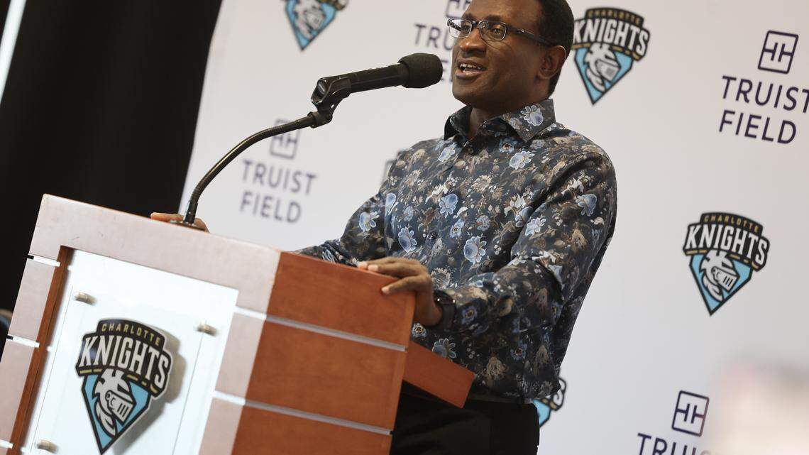 Kwamé Ryan, Music Director of the Charlotte Symphony Orchestra, speaks during a press conference at Truist Field Thursday, April 16, 2026. Ryan will lead the music, followed by the WBT SkyShow fireworks show at the Stars and Stripes Spectacular on Saturday, July 4, 2026 at the stadium.
