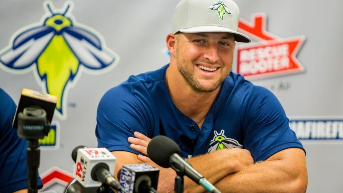 Columbia Fireflies outfielder Tim Tebow gives a press conference during Columbia Fireflies Fanfest at Spirit Communications Park.