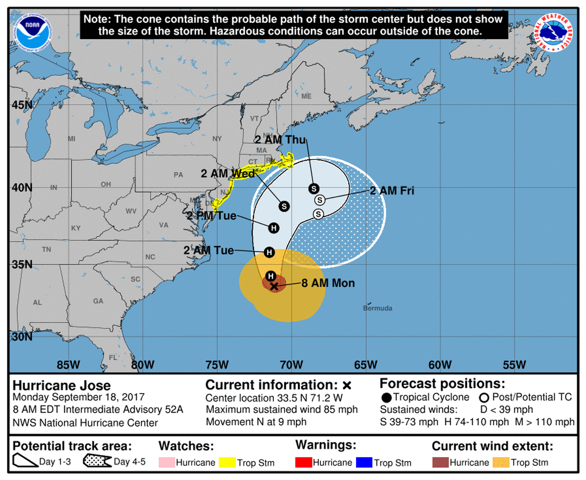 Hurricane Jose will pass North Carolina’s Outer Banks, but stay well offshore, on Monday. Dangerous surf and rip currents are expected on the coast.