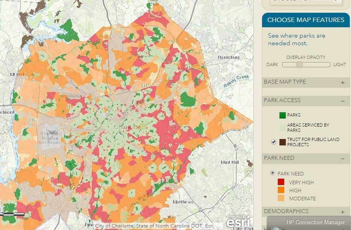 Areas in red have the highest need for local parks in Charlotte, the Trust for Public Land says.