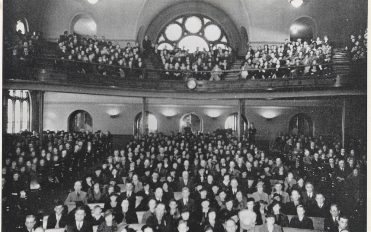 A view from the pulpit of what was once the First Baptist Church sanctuary, taken in the 1930s.