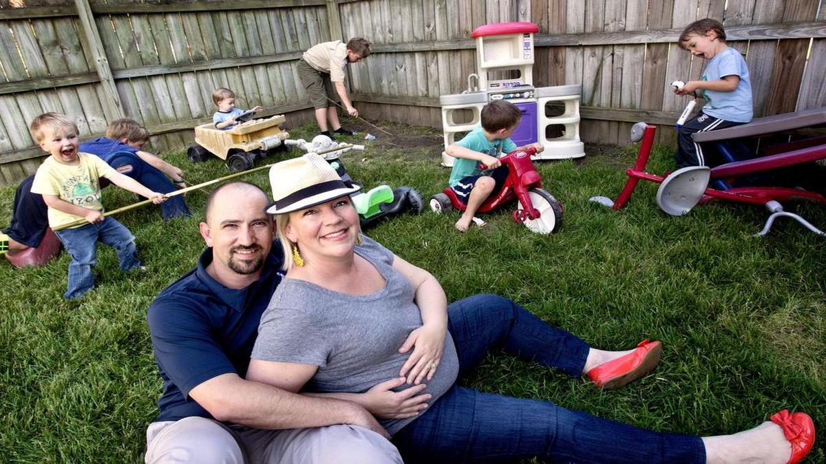 
Stephen, 37, and Cher Lair, 36, are the proud parents of six boys and are expecting their seventh child, and their first girl, on August 26, 2015. They and their sons Jackson, 13, Campbell, 9, Sawyer, 7, Houston, 5, Shepherd, 4 and Knox, 2, stay active in their Apex home. A video of them finding out that they were having a girl went viral and have been on national television programs like ABC News and the Ellen Degeneres Show. 
