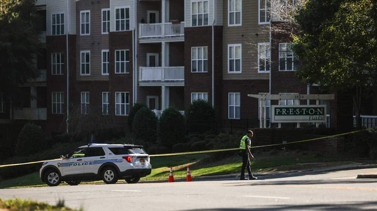 CMPD blocked off the area around an apartment complex in the 1100 block of Woodlawn Road in Charlotte on Monday, Oct. 21, 2024.