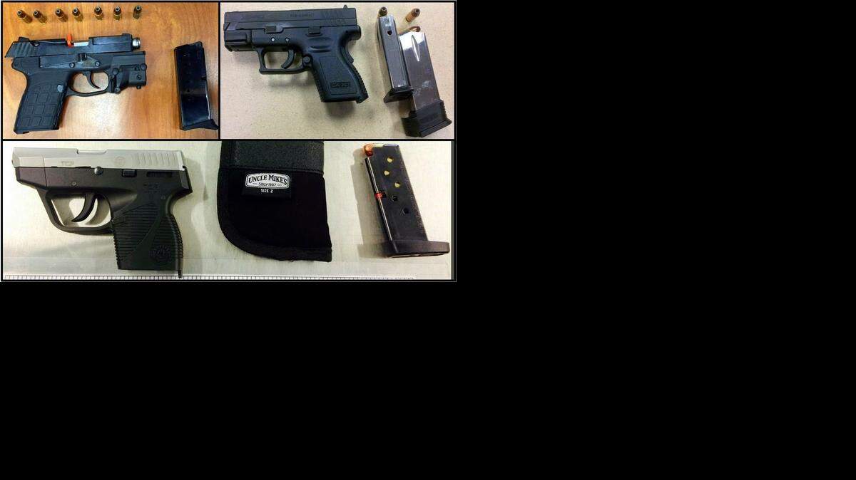
Transportation Security Administration agents found a loaded .40 caliber handgun in a passenger’s carry-on bags at Charlotte Douglas International Airport on Sunday. The gun is the second from clockwise top left.
