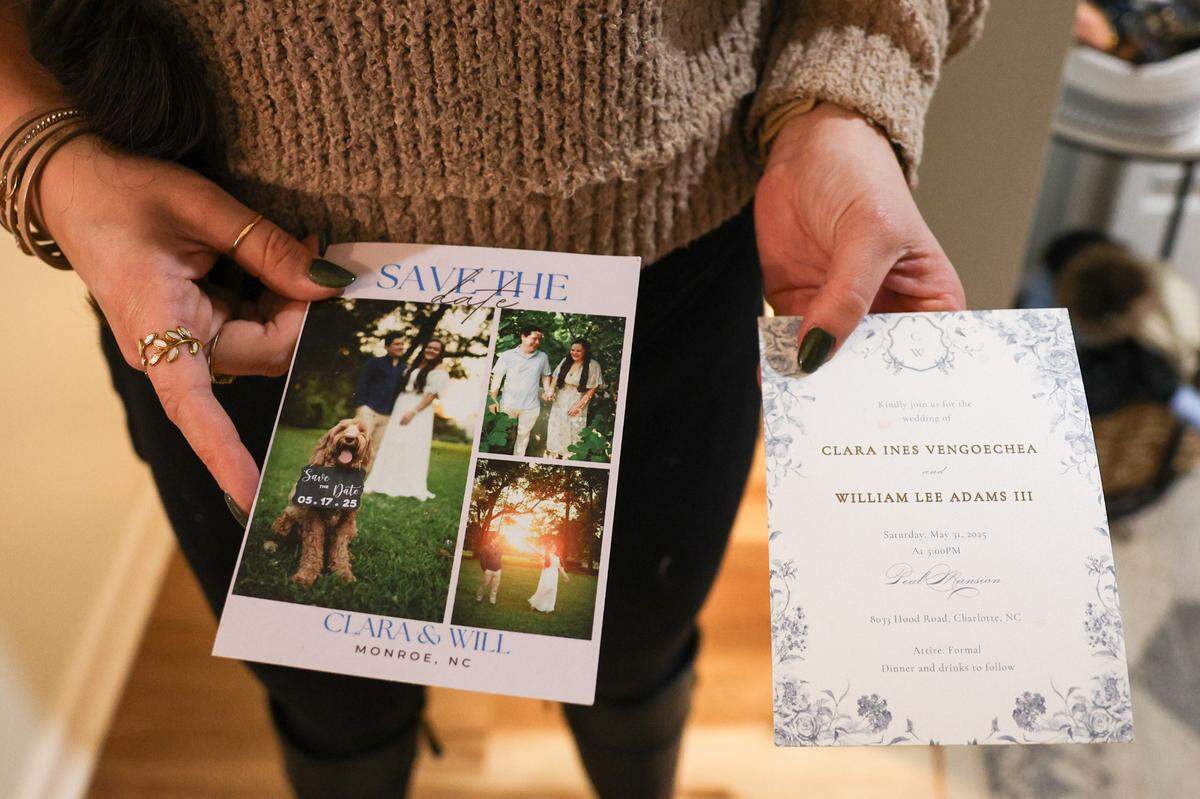 Clara Vengoechea holds a “save the date” for the original wedding date of May 17 at Champagne Manor, left, and the wedding invitation for a rescheduled wedding two weeks after their original date.