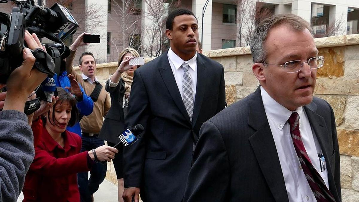 Greg Hardy leaves the Mecklenburg courthouse after his assault charges were dismissed.