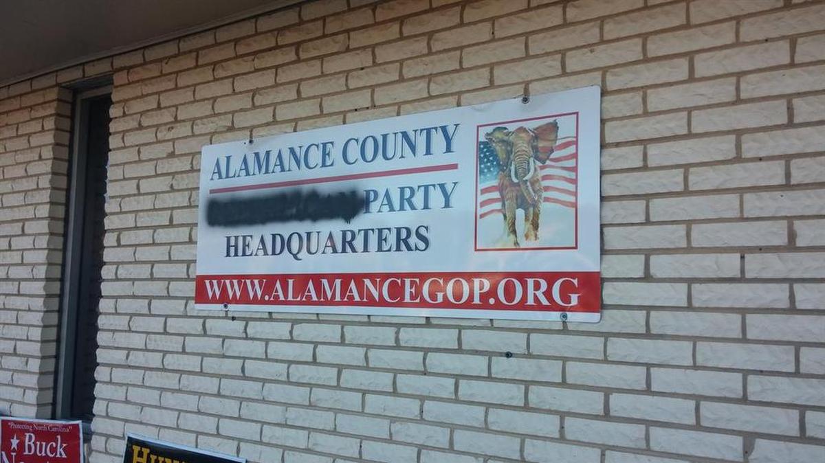 For the third time in less than a month, a Republican Party headquarters in North Carolina was hit by vandals, this time in Alamance County.
