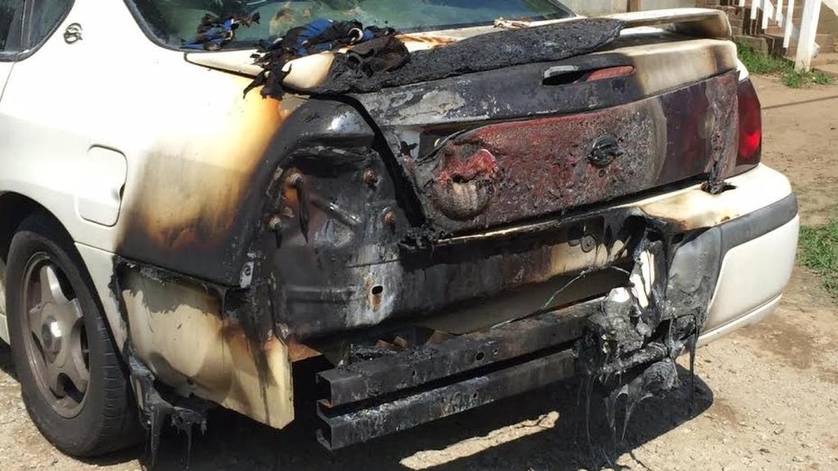 Lancaster police say a person was set on fire near this vehicle during an assault on North Gregory Street late Thursday night. The second person involved in the alleged assault was also burned.