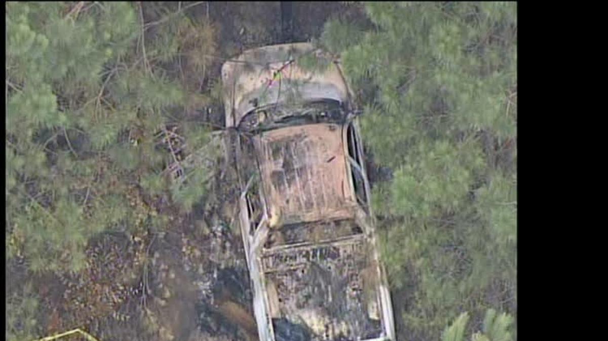 
The burned out truck where the bodies of two men from Gastonia were recovered Friday in Your County, S.C.
