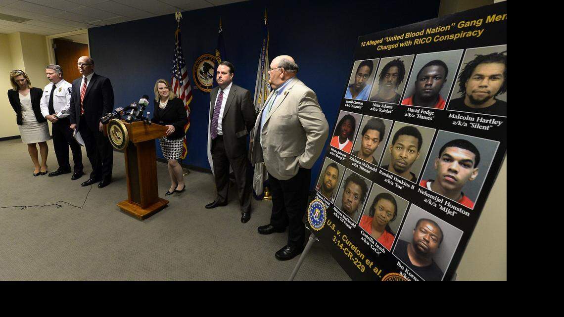 
Jill Westmoreland Rose, acting United States Attorney Western District of North Carolina speaks about the federal indictment charges for 12 United Blood Nation gang members with racketeering conspiracy on Wednesday, April 22, 2015 at the U.S. Attorney's office in Charlotte, NC. Seven of the defendants were also charged with murder in aid of racketeering.
