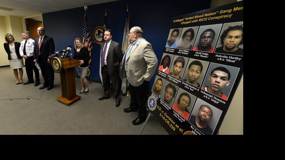 
Jill Westmoreland Rose, acting United States Attorney Western District of North Carolina speaks about the federal indictment charges for 12 United Blood Nation gang members with racketeering conspiracy on Wednesday, April 22, 2015 at the U.S. Attorney's office in Charlotte, NC. Seven of the defendants were also charged with murder in aid of racketeering.
