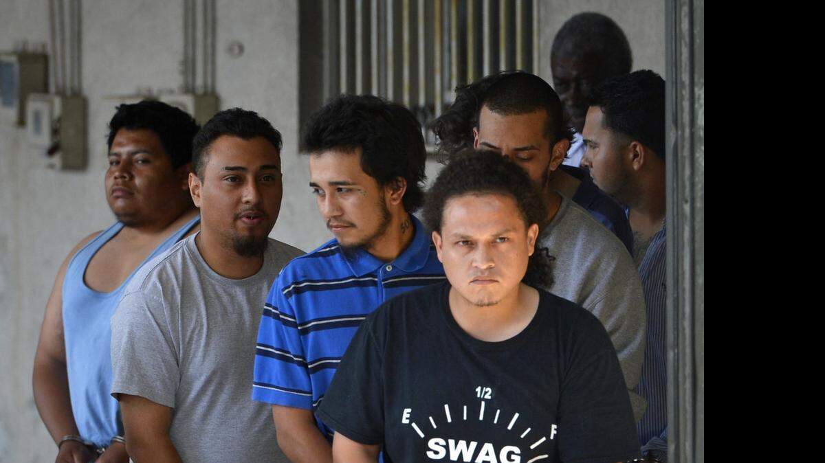 
Suspected gang members leave the federal courthouse in Charlotte on May 20, 2015 after a major round-up. Federal authorities charged 37 suspected MS-13 gang members with racketeering and other charges in connection with a series of assaults and killings. 
