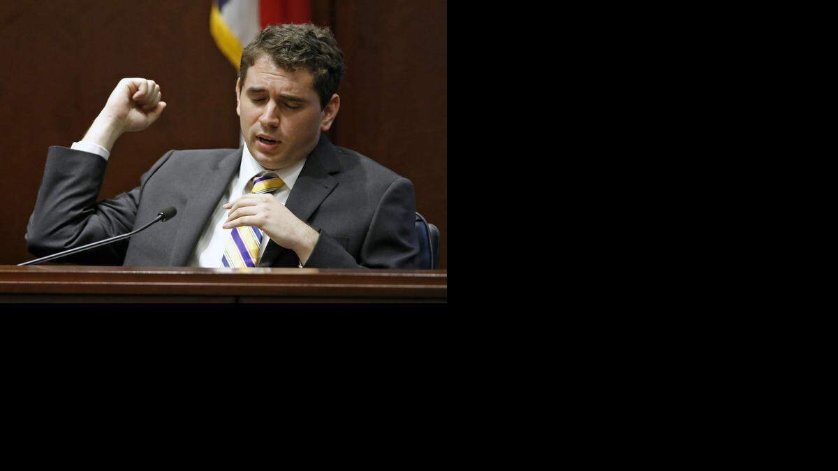 
Nation Hahn describes for the jury the attack on his wife, Jamie, in their North Raleigh home in 2013. Hahn testified that he came downstairs to see Jonathan Broyhill standing over Jamie Hahn with a knife. He said he tried to take the weapon from Broyhill.
