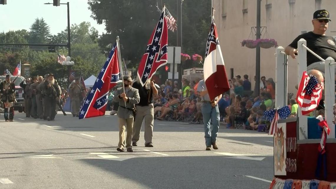 The Sons of Confederate Veterans march in the 2017 Soldiers Reunion parade in Newton on Thursday.