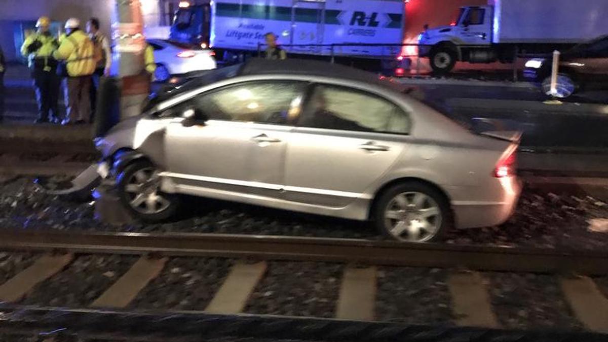 Five people were hurt when a car collided with a light rail train during rush hour on Friday afternoon at Old Pineville Road and South Boulevard, Medic reported.