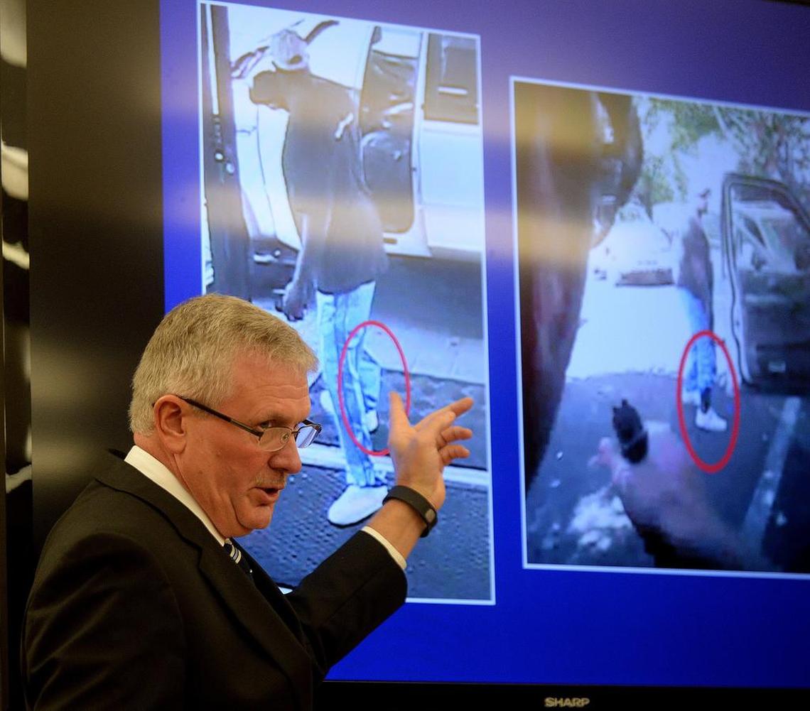 Then-District Attorney Andrew Murray points at what he says was Keith Scott’s ankle holster while announcing that a Charlotte-Mecklenburg police officer acted lawfully in the fatal shooting of Scott. On Wednesday, Scott’s widow filed suit, alleging that the shooting amounted to excessive force.