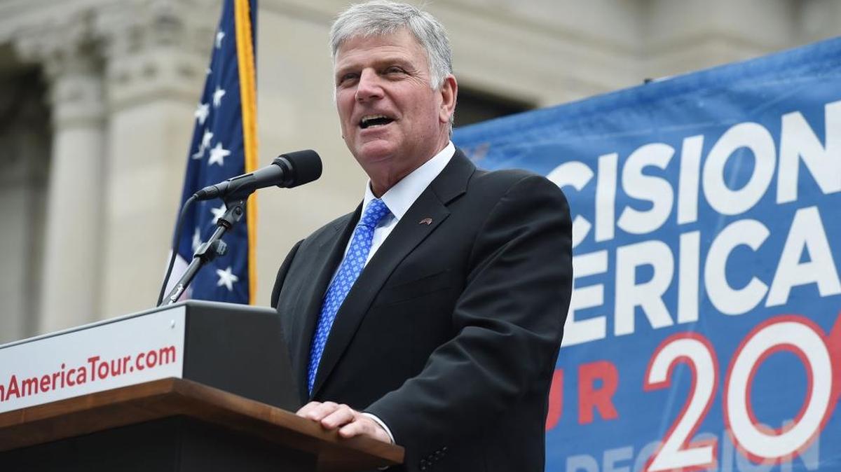 Christian Evangelist Frankin Graham, son of Rev. Billy Graham, addresses a large crowd gathered on the south side of the Mississippi Sate Capitol in Jackson, Mississippi in 2016.
