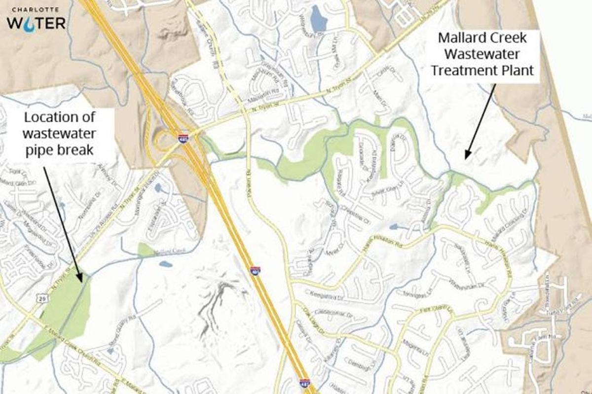 A broken pipe spilled 4.7 million gallons of sewage into Mallard Creek following a Monday evening storm.