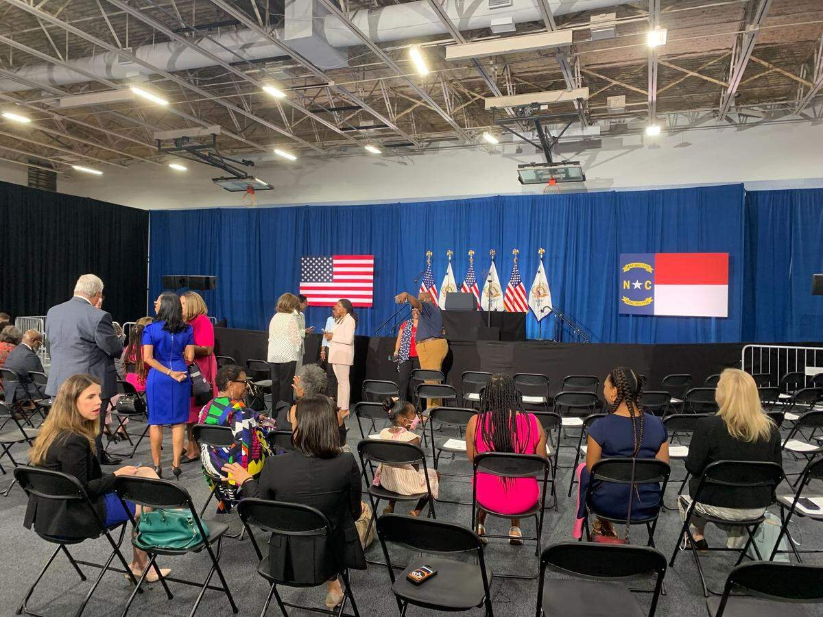 Event attendees gather inside of the Carole Hoefener Center in uptown Charlotte around 11:45 a.m. Thursday prior to the vice president’s speech.