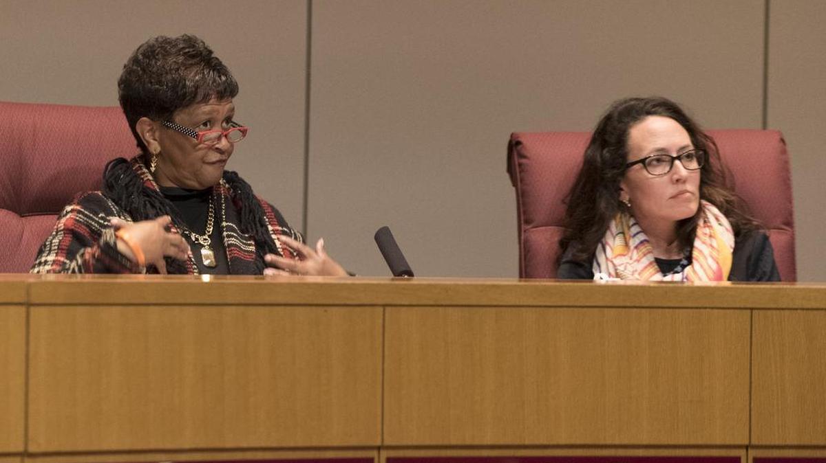 Board Chairperson Mary McCray, left, and member Elyse Dashew. The Charlotte Mecklenburg Schools board meeting included a public hearing on student assignment and a vote on the superintendent search.