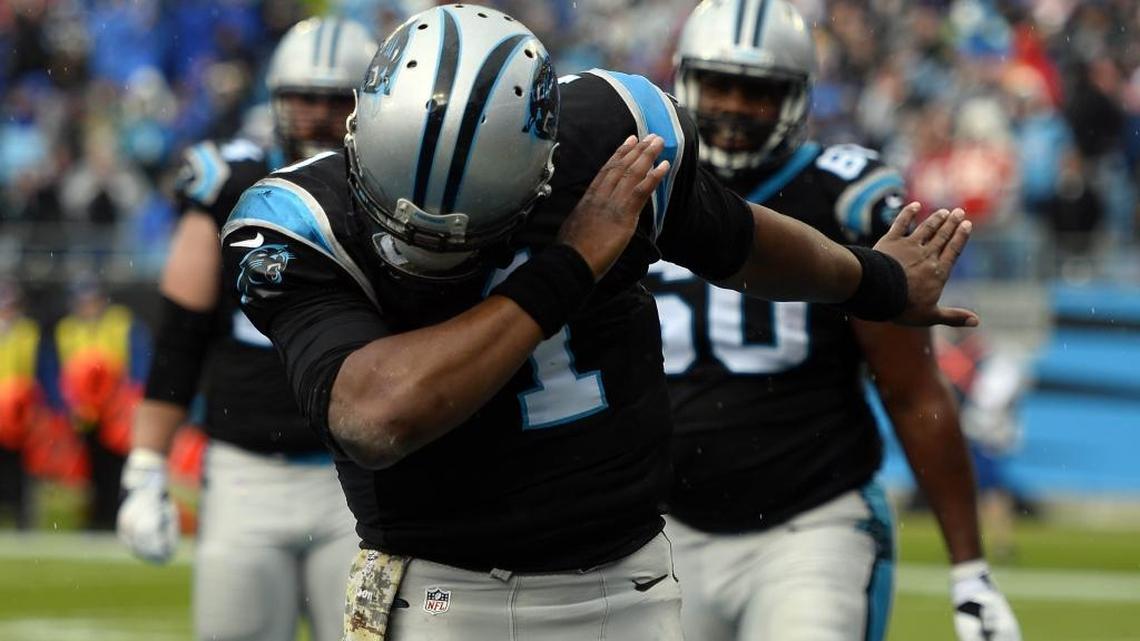 Carolina Panthers quarterback Cam Newton (1) dabs after scoring a rushing touchdown in the first half against the Kansas City Chiefs at Bank of America Stadium on Sunday, November 13, 2016. Kansas City won, 20-17.