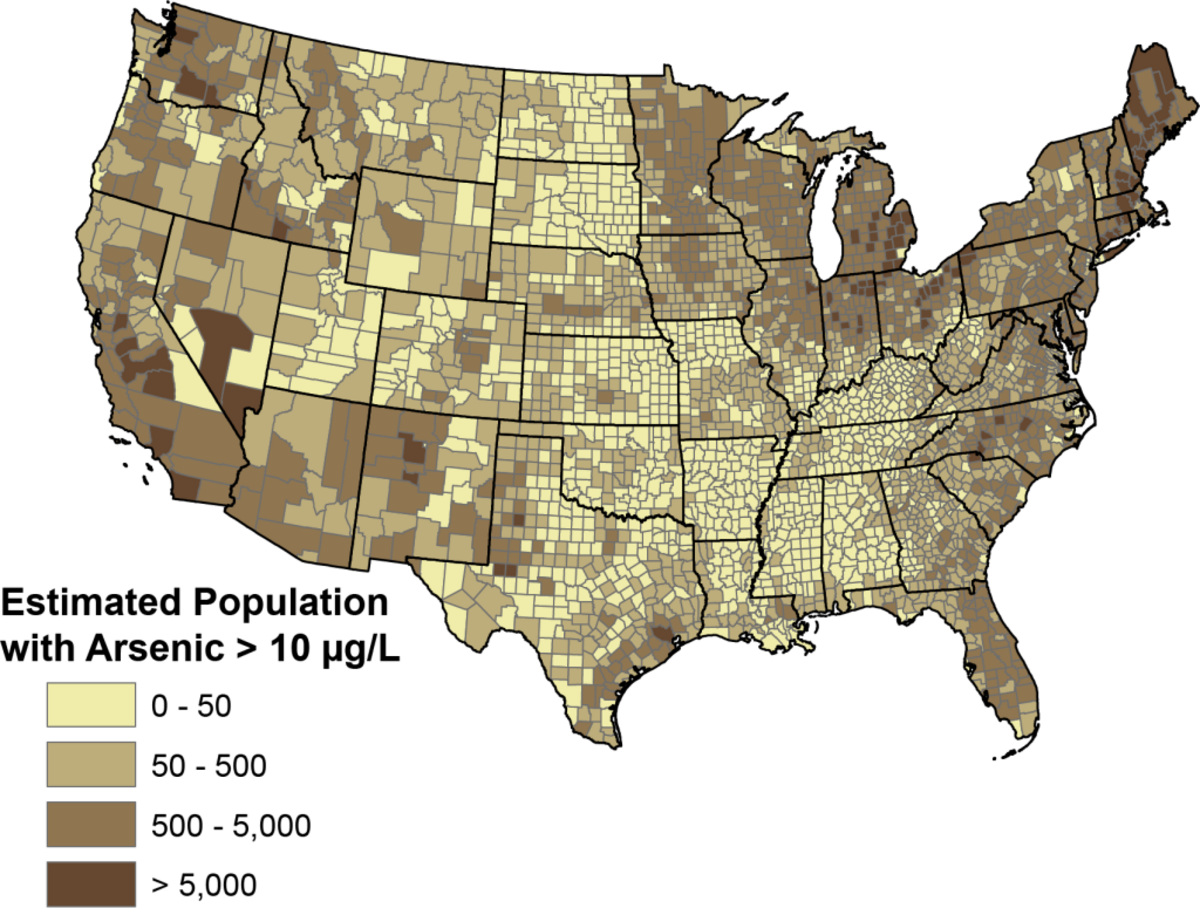 This map shows U.S. counties where arsenic in groundwater is likely to be above federal drinking water standards.